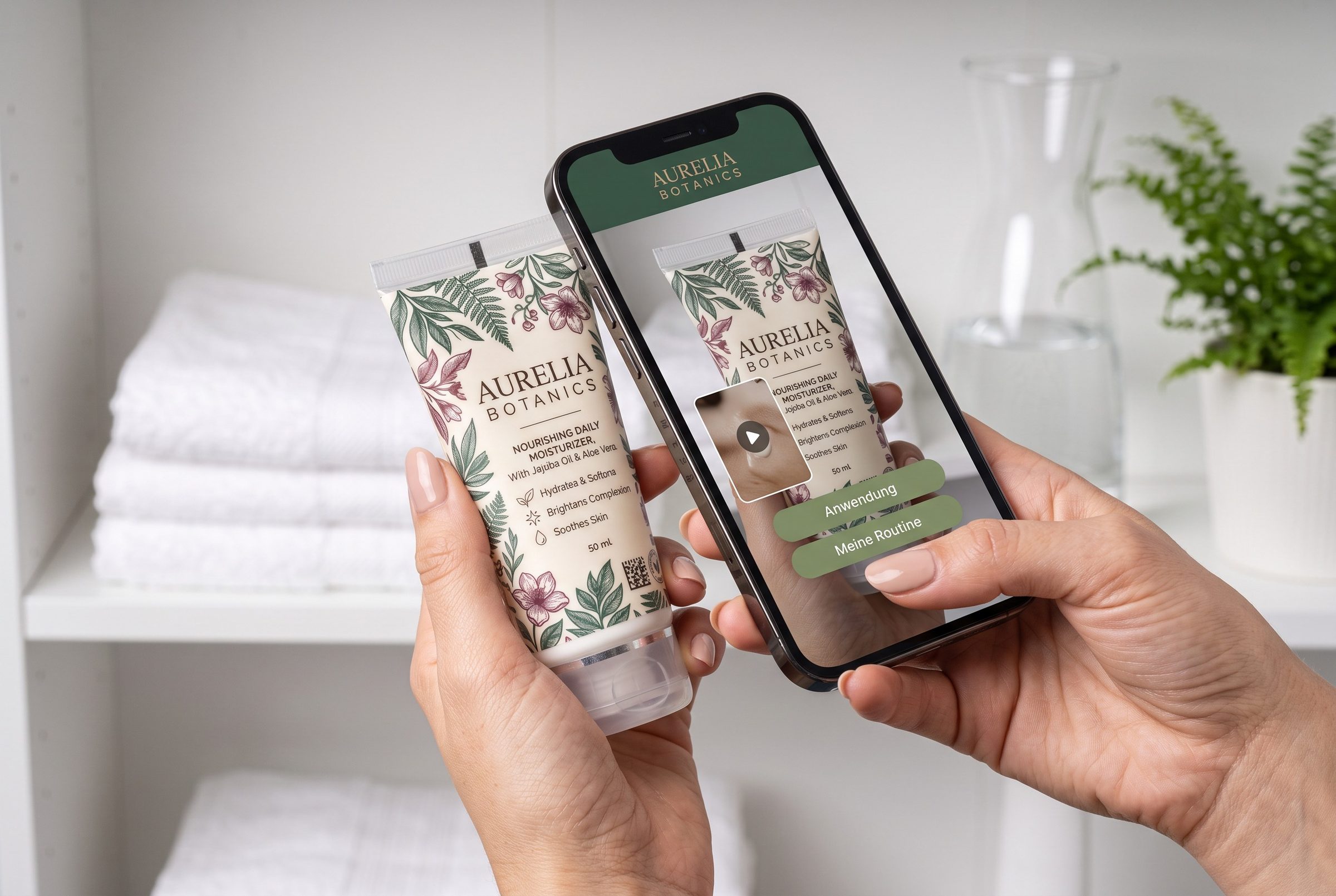 Smartphone scannt den 2D-Code einer Pflegetube, auf dem Display öffnen sich Produktinhalte