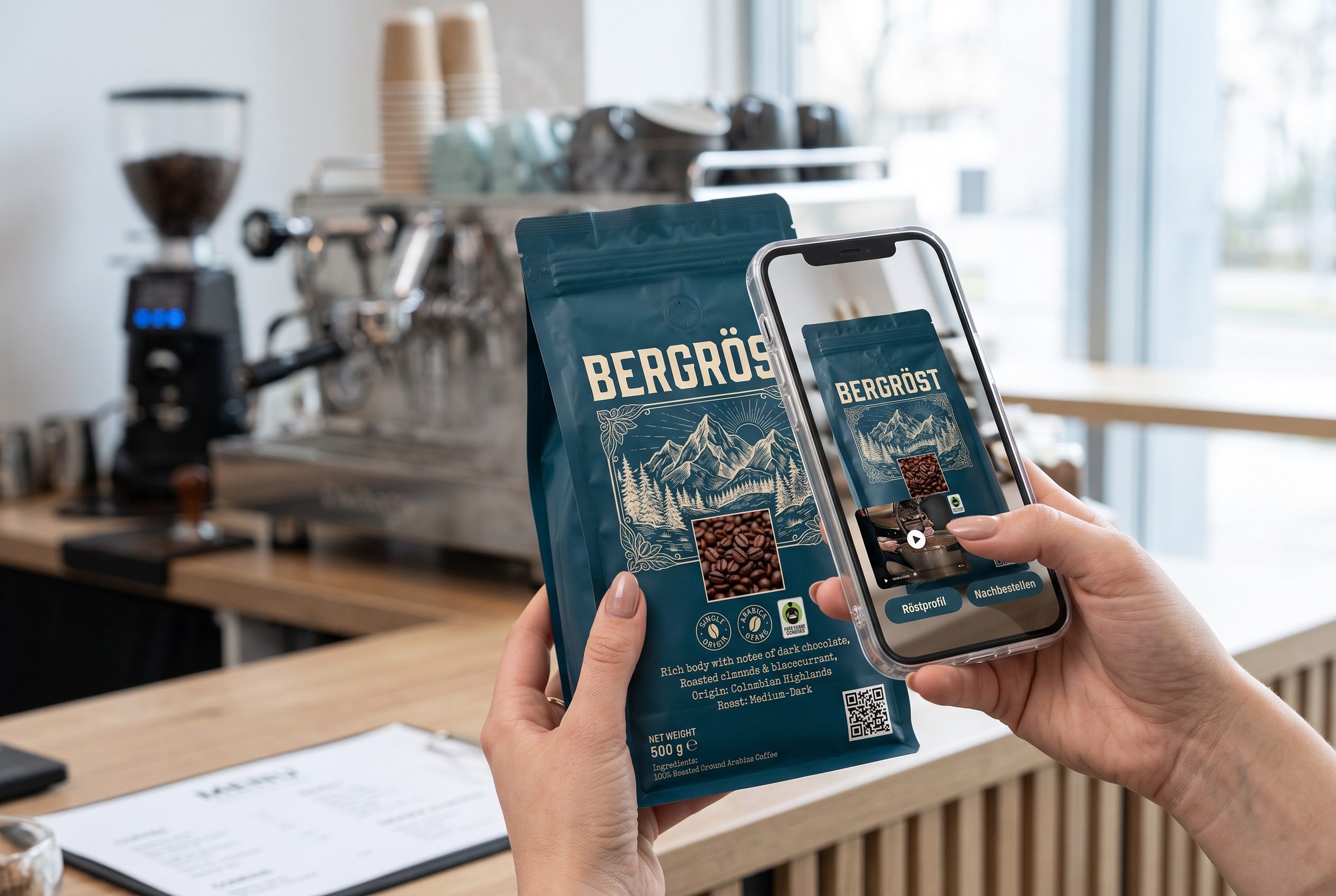 Kaffeepackung wird in einem Café mit dem Smartphone gescannt, auf dem Display läuft ein Video
