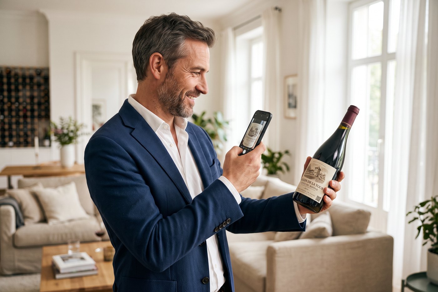 Mann scannt zu Hause ein Weinetikett mit dem Smartphone