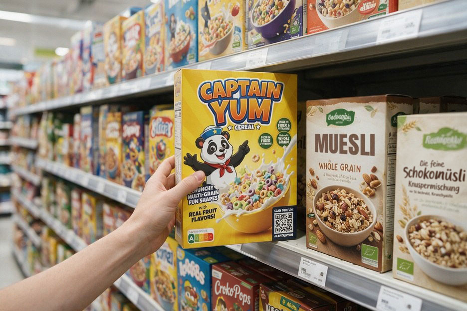 Hand greift im Supermarkt eine Müslipackung mit 2D-Code aus dem Regal