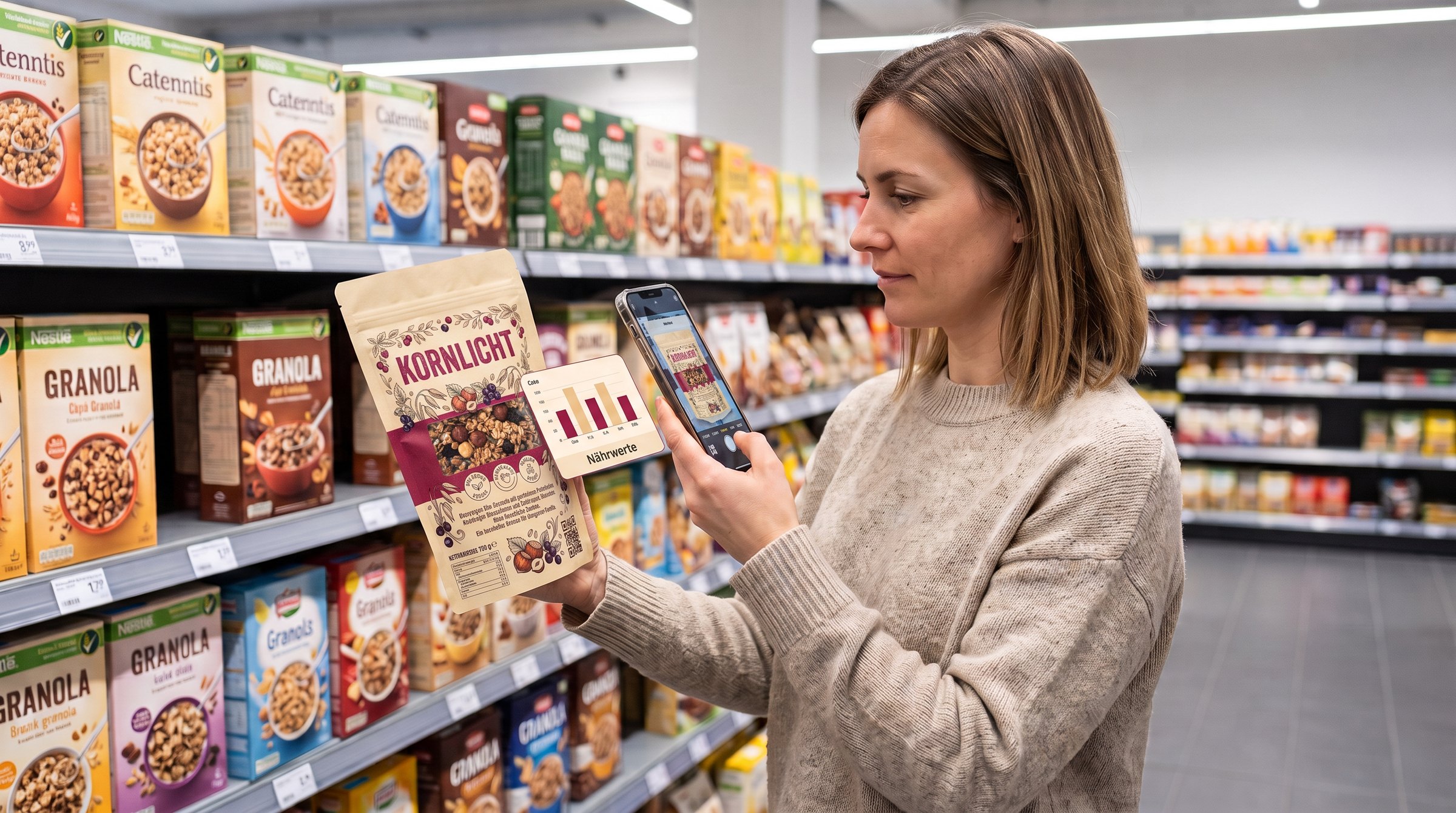 Frau scannt im Supermarkt eine Granola-Packung, das Smartphone zeigt Auswertungen