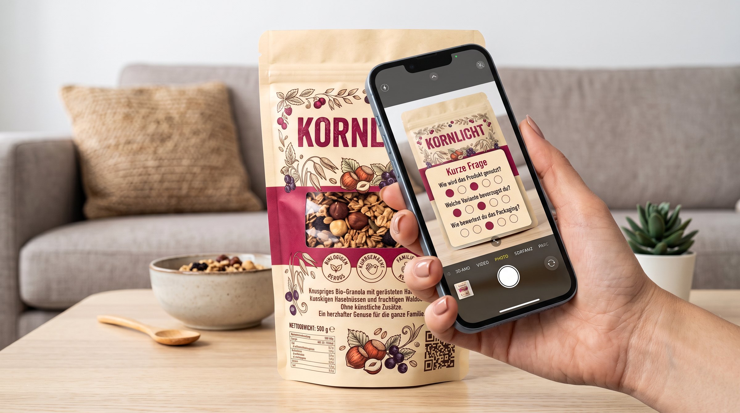 Smartphone über einer Granola-Packung zeigt eine kurze Umfrage zu Nutzung, Variante und Packaging