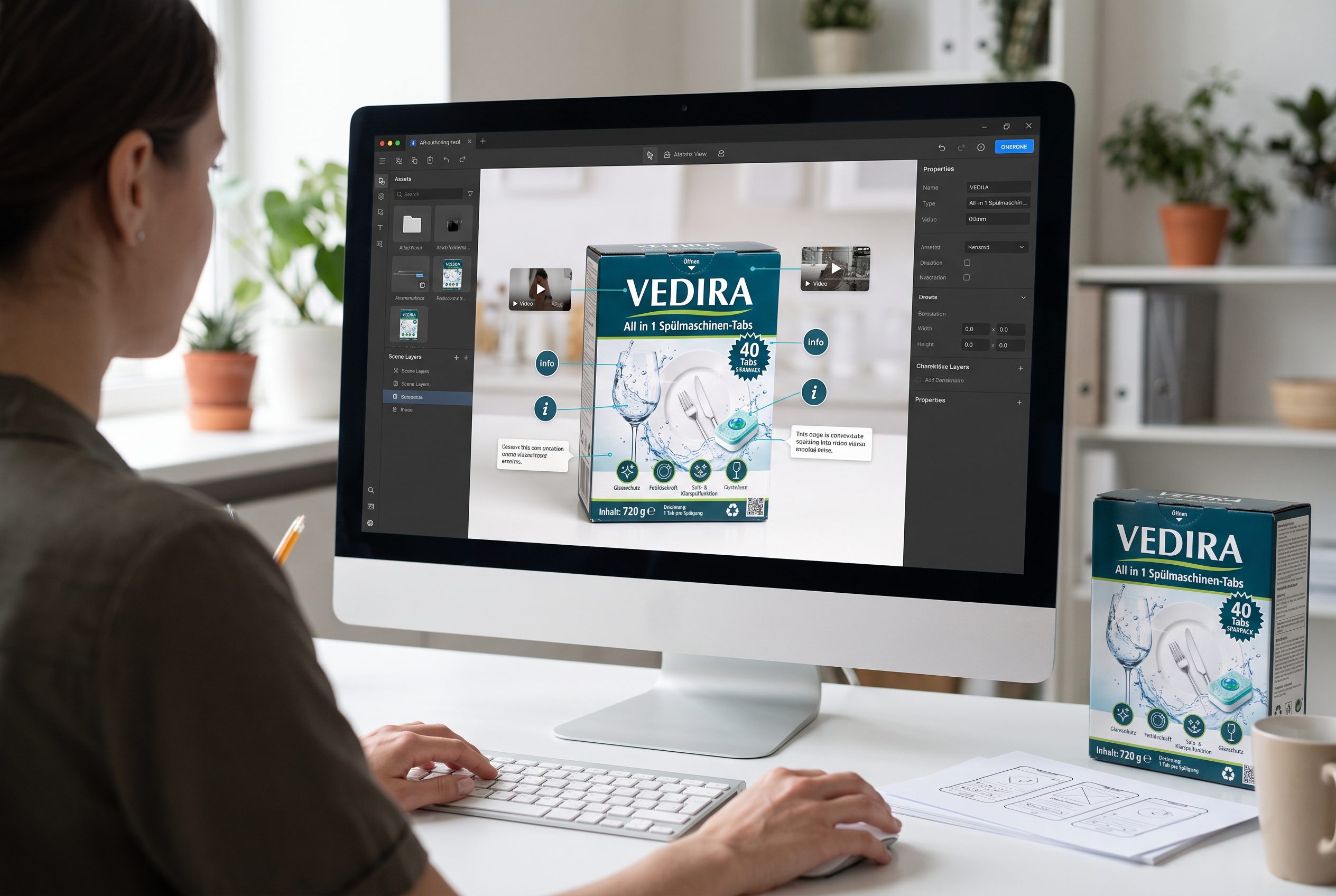 Designerin baut am Bildschirm im snooperator eine digitale Experience für eine Verpackung
