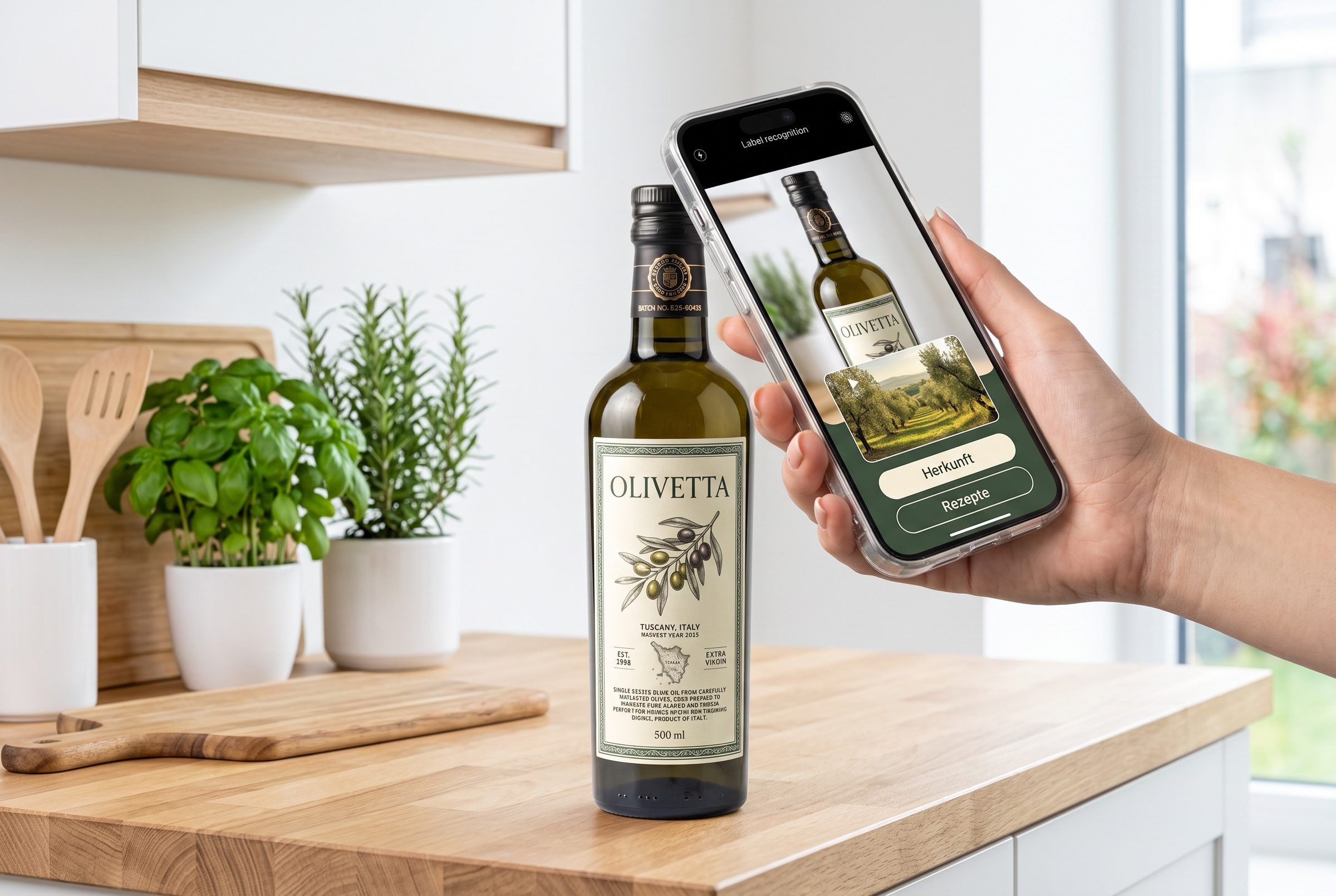 Smartphone erkennt eine Olivenölflasche in der Küche und zeigt Herkunft und Rezepte