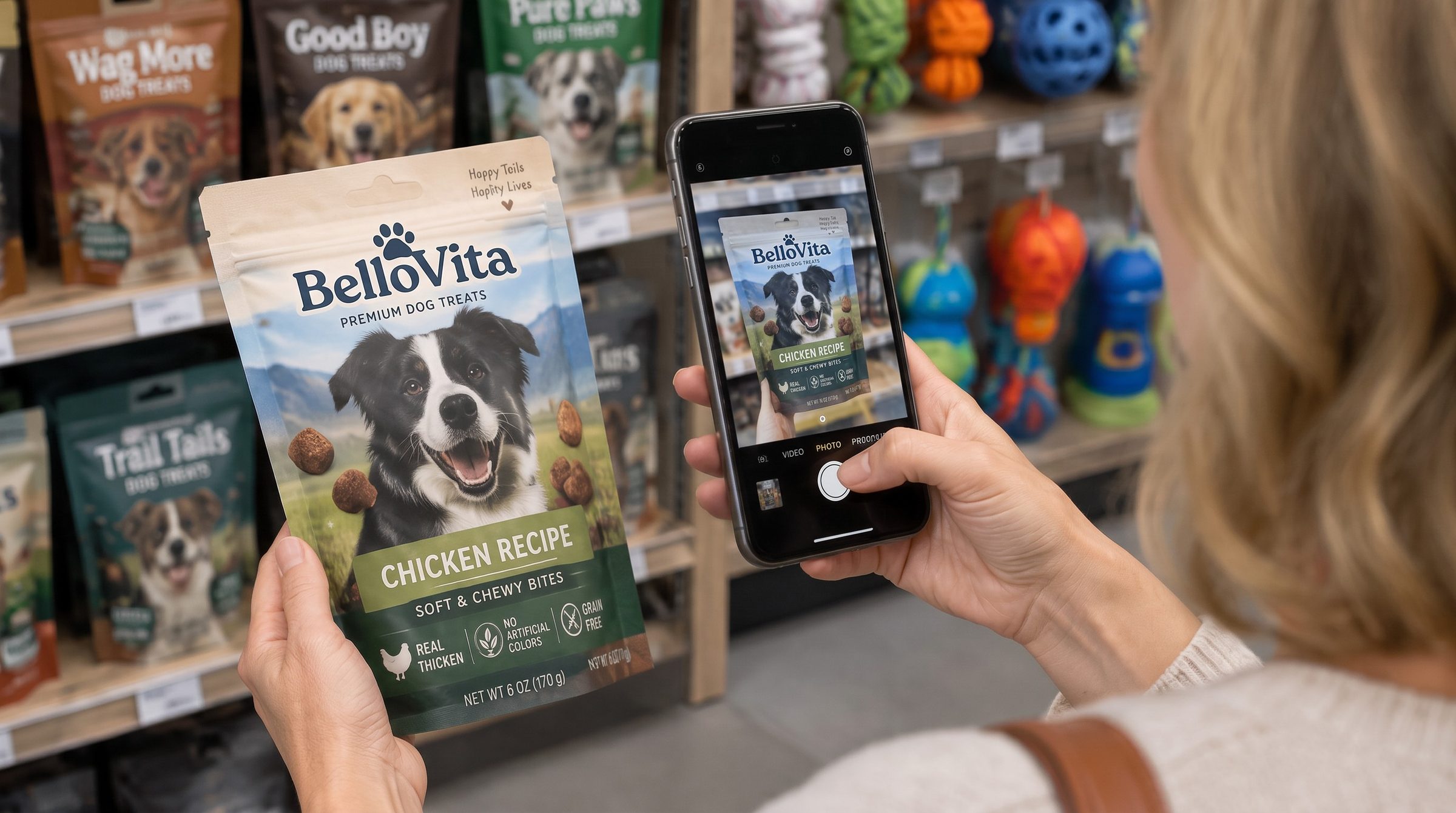 Frau scannt im Tierbedarf eine Packung Hundesnacks mit dem Smartphone