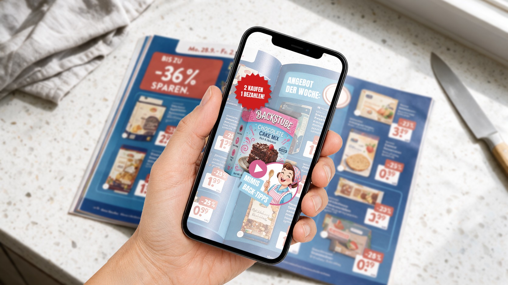 Eine Hand h&auml;lt ein Smartphone &uuml;ber einen aufgeschlagenen Handzettel. Auf dem Display liegt &uuml;ber der Backmischung eine digitale Schicht: der Stoerer &bdquo;2 kaufen, 1 bezahlen&ldquo; und ein Video mit Back-Tipps.